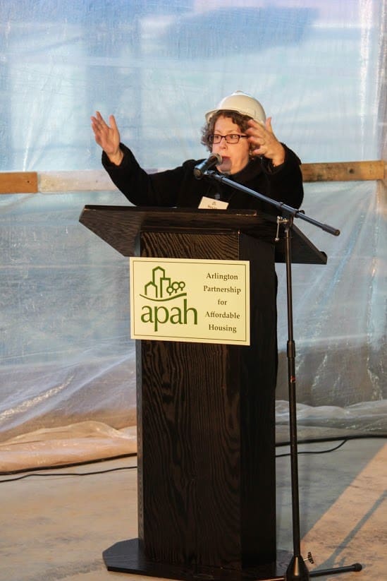 Susan speaking at APAH's Spring Apartments' Topping Out Celebration in 2016.