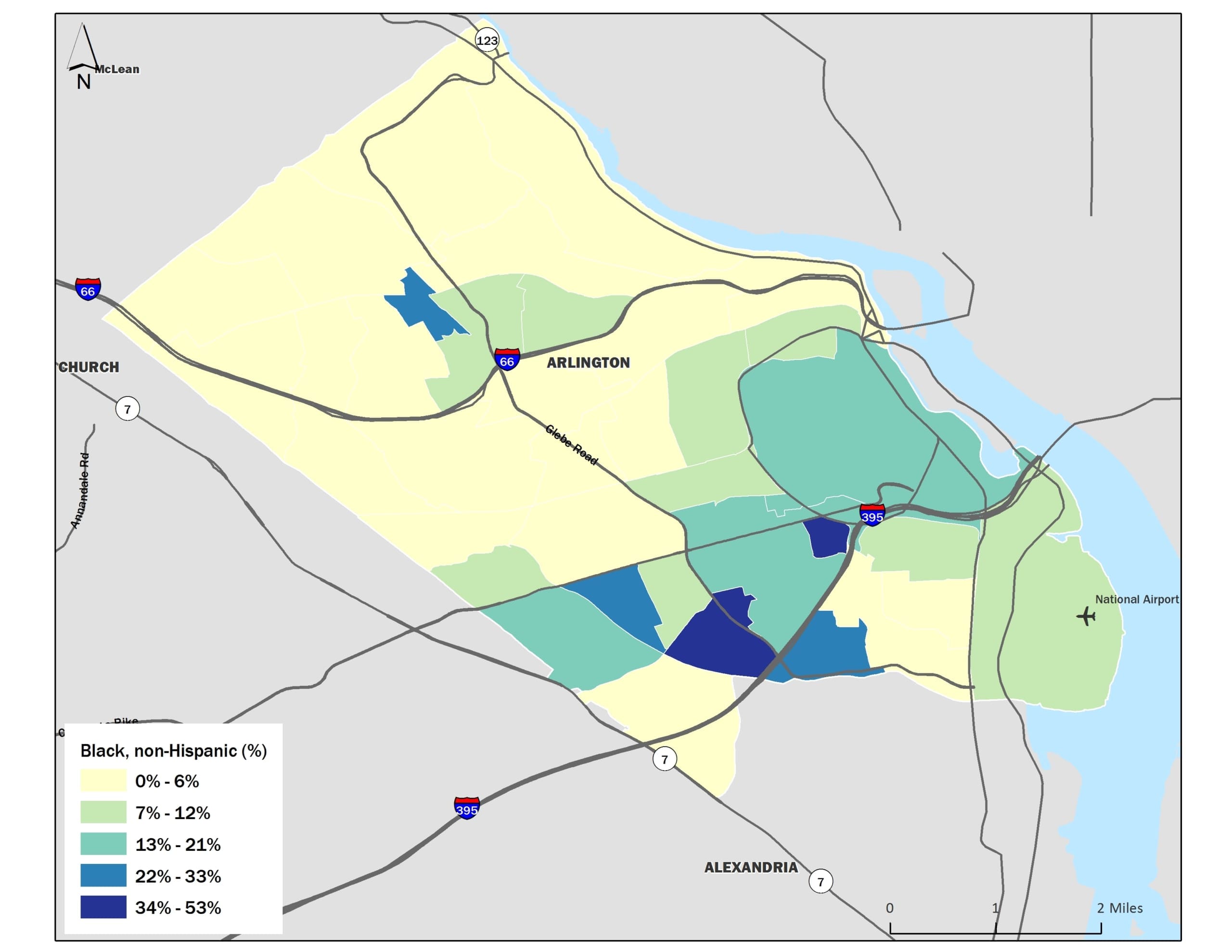 Map showing percentage of Black, non-Hispanic residents in Arlington, Virginia.