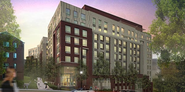 Columbia Hills apartment building with modern design and lush surroundings.