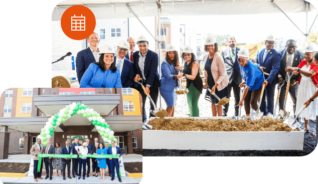 True-Ground-About-Events A collage showing a ribbon-cutting ceremony and a groundbreaking event, with a group of people in business attire and hard hats participating.